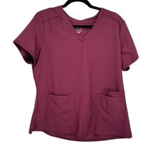 Beyond Scrubs Wine Red V Neck Scrub Top Women's Size L Short Sleeve Pockets